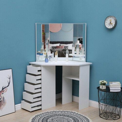 Corner Dressing Table 3 Modes Mirror Stool 5 Drawers 1