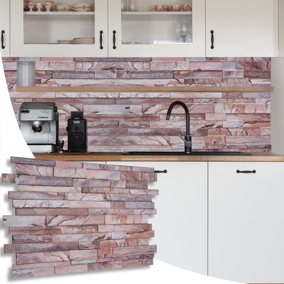 (Set Of 6) 3D Wall Panels (96 X 48Cm) Pvc Cladding With Rose Marble Slim Stone Brick 5060850186830