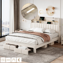 (Beige) Linen double upholstered bed (without mattress)