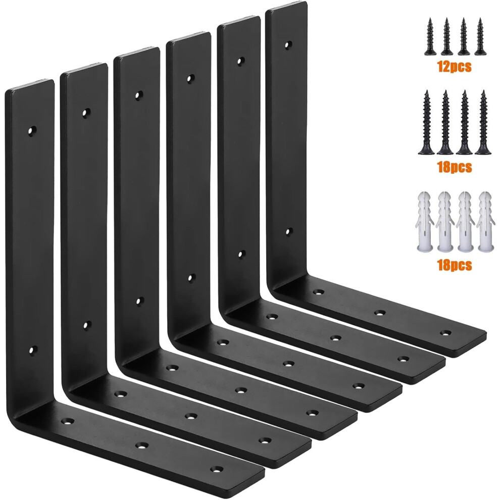 (12 inch, 6 Pack) Industrial Shelf Bracket Heavy Duty, 5mm Thick Premium Iron L Bracket