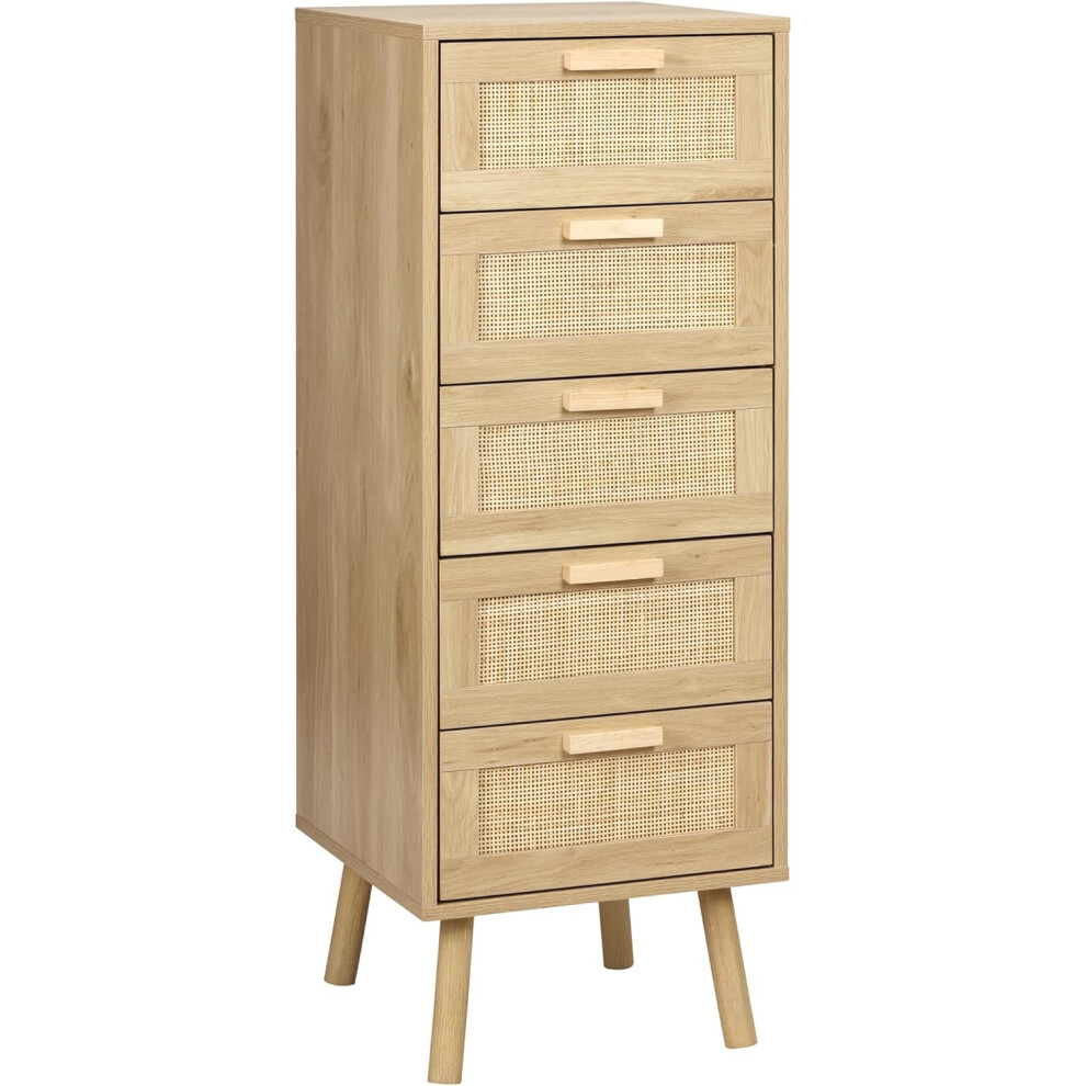 (40D x 39.5W x 108H cm (5 Drawers)) Bedroom Rattan Chest of Drawers, Tall Chester Drawers, 5 Handcrafted Rattan Accent Drawers