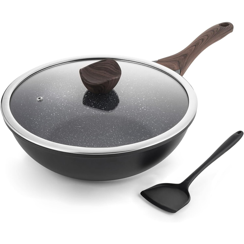 Non Stick Induction Wok Pan, 30cm Deep Stir-Fry Pans with Lid, Stay Cool Handle, Compatible with All Stovetops