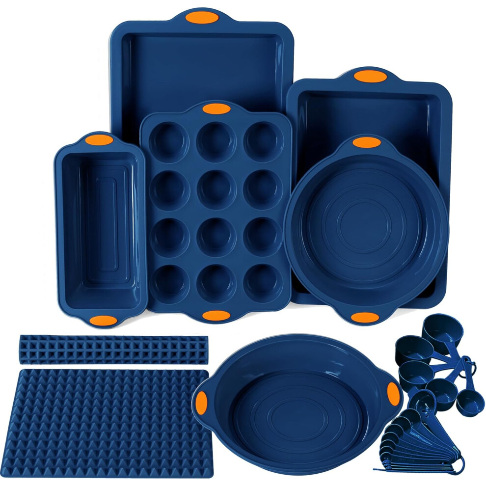 (8 Pieces, Navy Blue) 6 Silicone Molds - 2 Silicone Baking Mats, Non-stick Cookie Sheets, Cake Muffin Loaf Pans with Metal Reinforcement Frame for More Strength