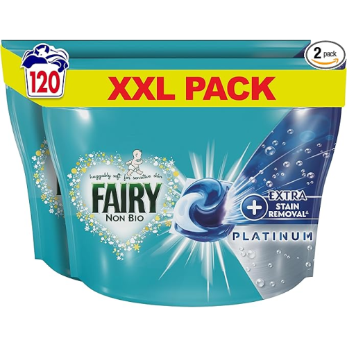 Fairy Non-Bio Platinum PODS, Washing Liquid Laundry Detergent Tablets / Capsules, 120 Washes (60 x 2) with Extra Stain