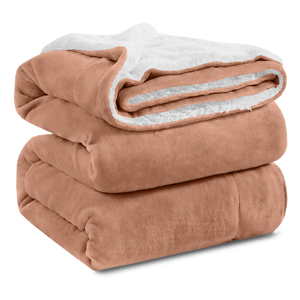 (CAMEL, SUPER KING) Sherpa Throw Fleece Blankets Soft Fluffy Warm Cozy