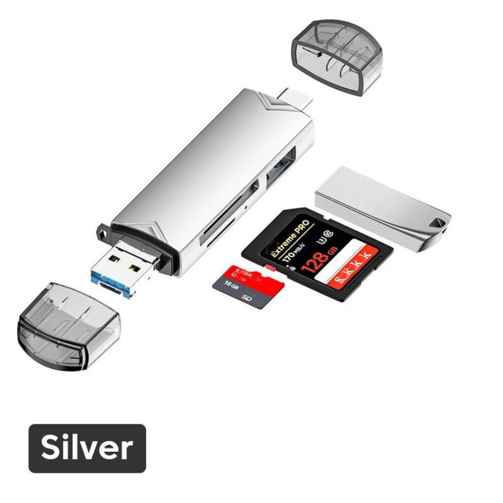 (silver) Multifunctional 6 In 1 Card Reader USB 3.0 to Type C Micro OTG Adapter Support TF SD Card USB Flash Drive for Laptop Android Phones and Tablets