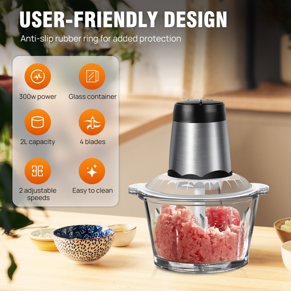 2L Electric Meat Grinder & Vegetable Chopper-300W Motor with 4 Stainless Steel Blades-Glass Bowl Food Processor for Fruits, Salsa, Pesto