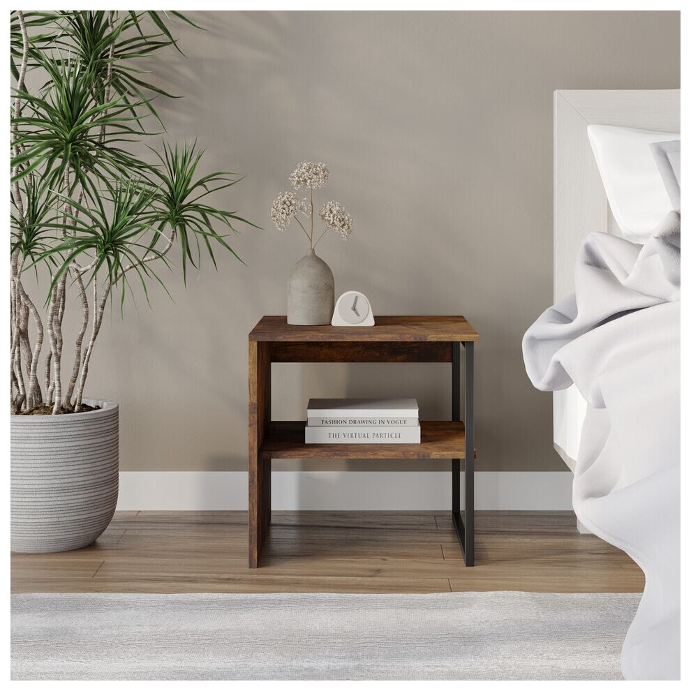 (Rustic Brown) 40cm Wood & Steel Sofa Side Table Bedside Living Room Unit w/ Open Storage Shelf