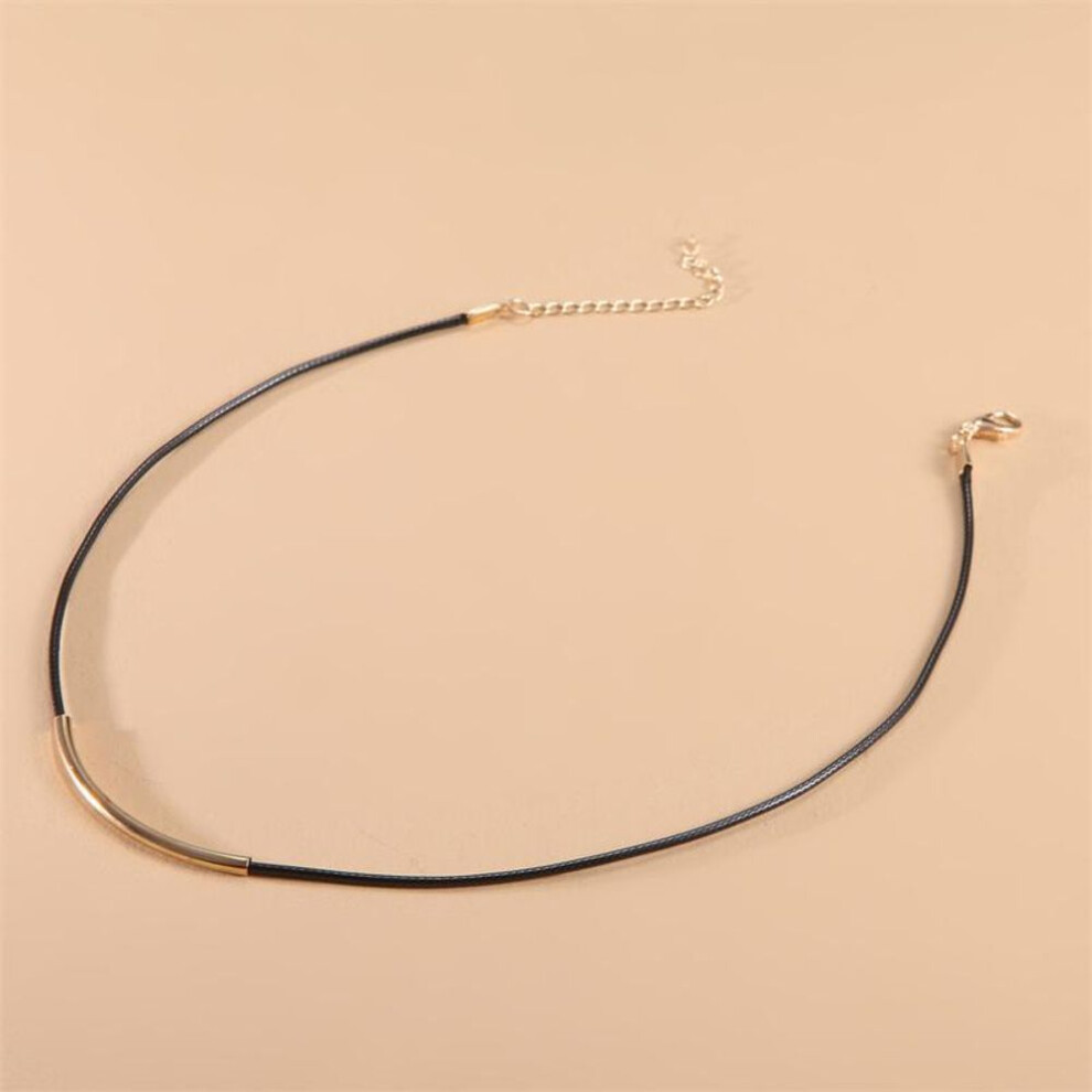 (gold) Leather Rope Metal Tube Necklace Women Clavicle Chain Harajuku Short Neck Collar Chain Choker Necklace