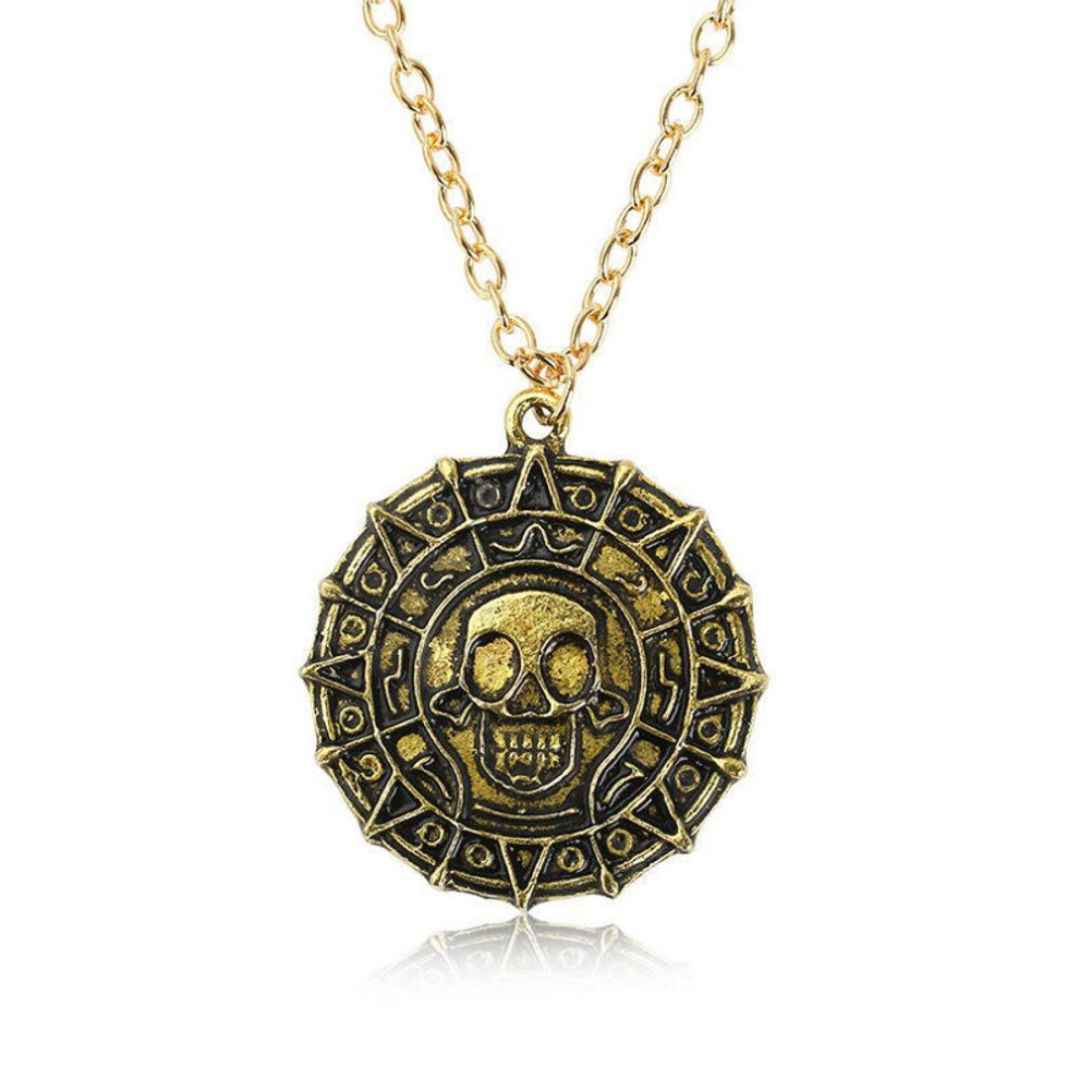 (copper) Punk Necklace Cool Skull Heads Coin  Pendant Necklaces for Men Pirates of The Caribbean Necklace Vintage Jewelry