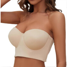(38DDD,Oatmeal)Women Strapless Bra Longline Corset Bra Hide Back Fat with No-Slip Silicone Strip