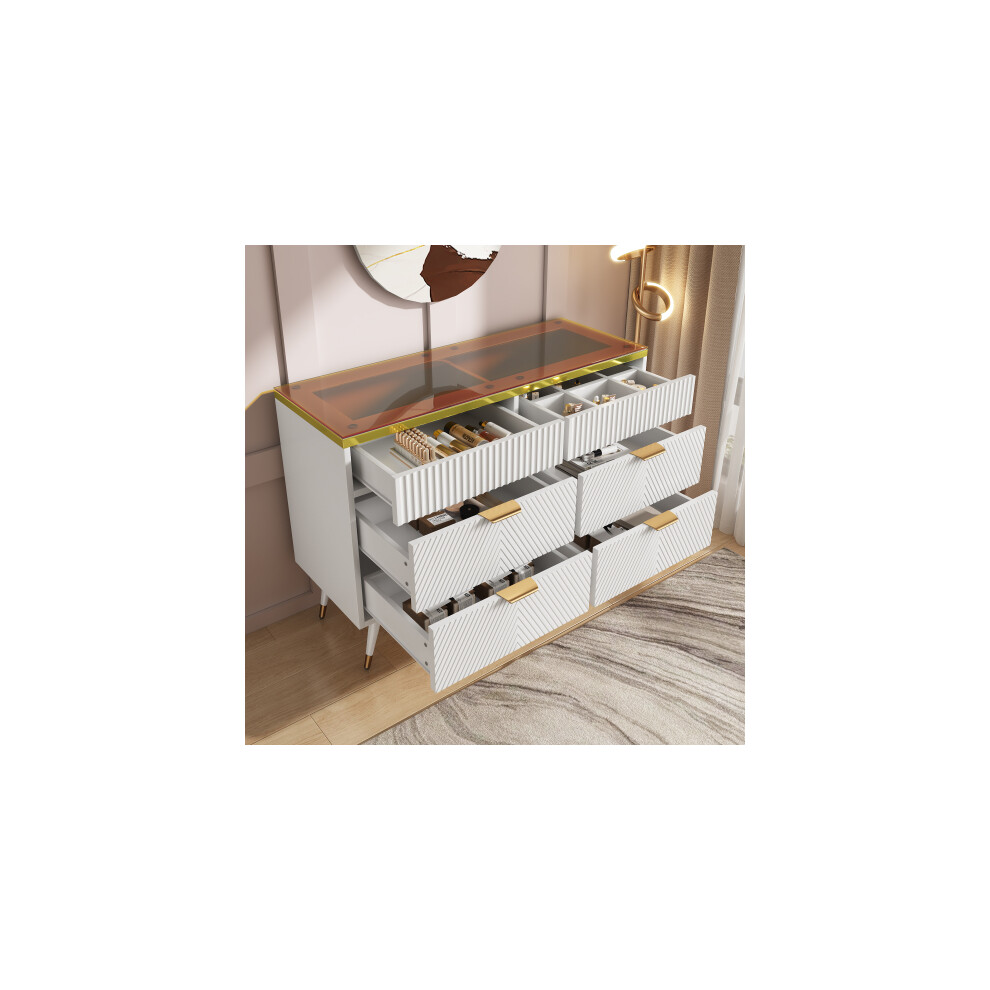 Sideboard Cabinet Dresser with 6 Drawers, Glass Chest of Drawers