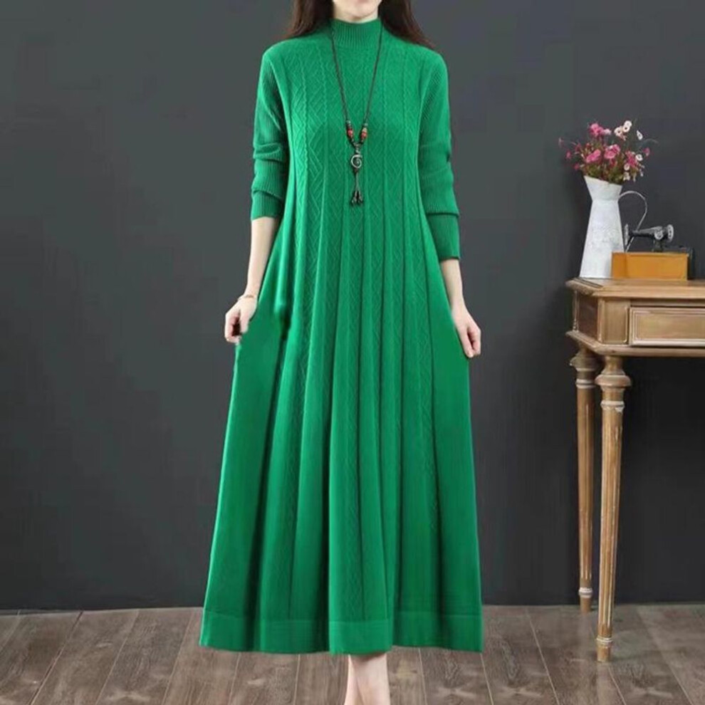 (green, One Size) Women&apos;s Knee-length A-line Sweater Dress - Autumn/winter, Half Turtleneck, Loose Fit