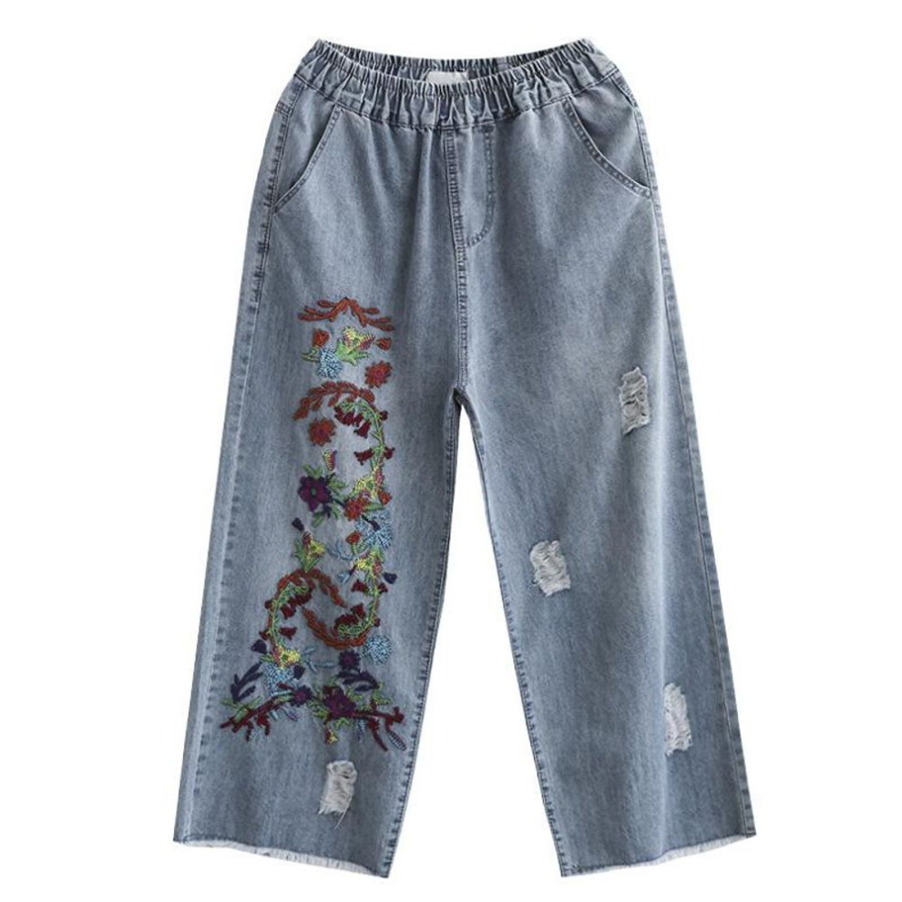 (blue, L) Spring Women&apos;s Embroidered Hole Nine-point Straight Wide-leg Pants