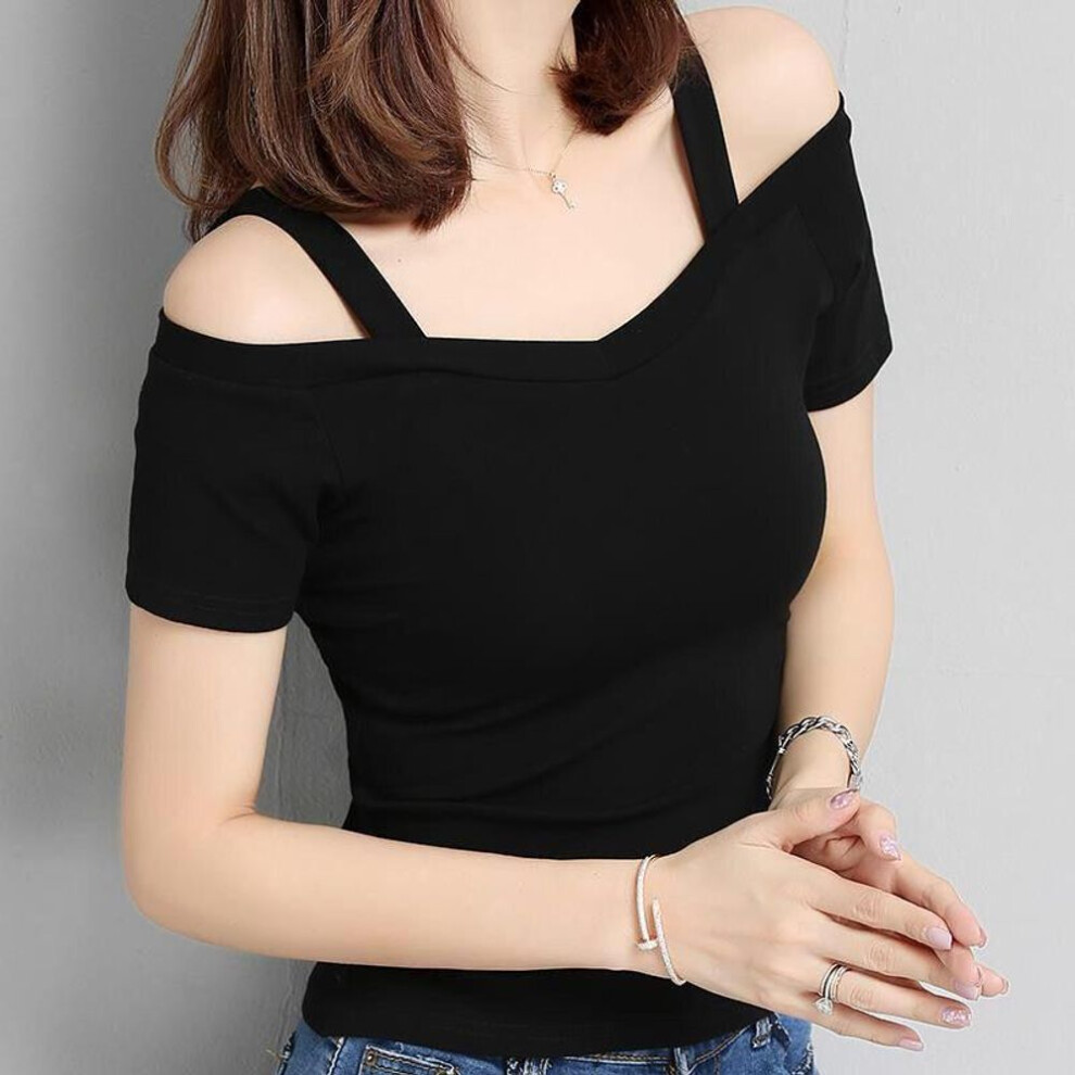 (black, L) Women&apos;s Off-shoulder Black T-shirt, Korean Style 2024 - Summer Trendy One-shoulder Short Sleeve Top