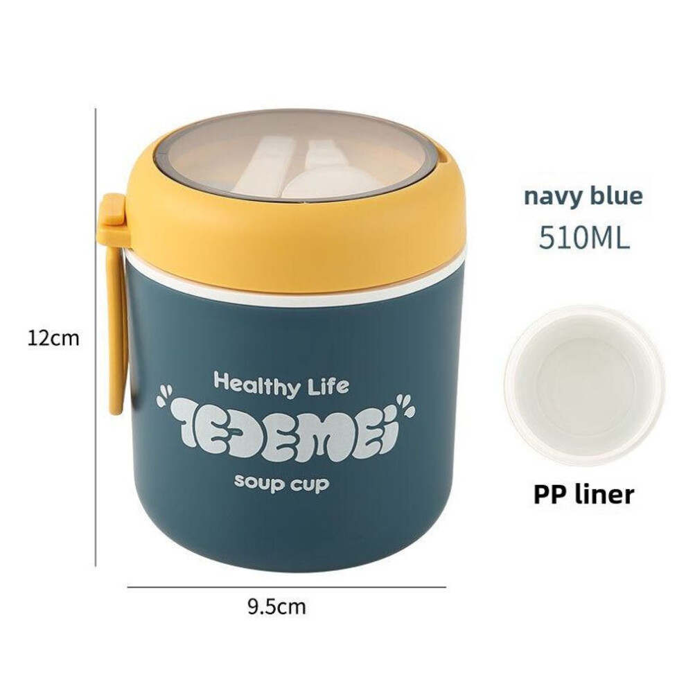 (navy blue, 510ml) Antibacterial Plastic Soup Cup & Porridge Pot: Mini Lunch Box With Microwave Heating & Portable Breakfast Cup For Office Workers.