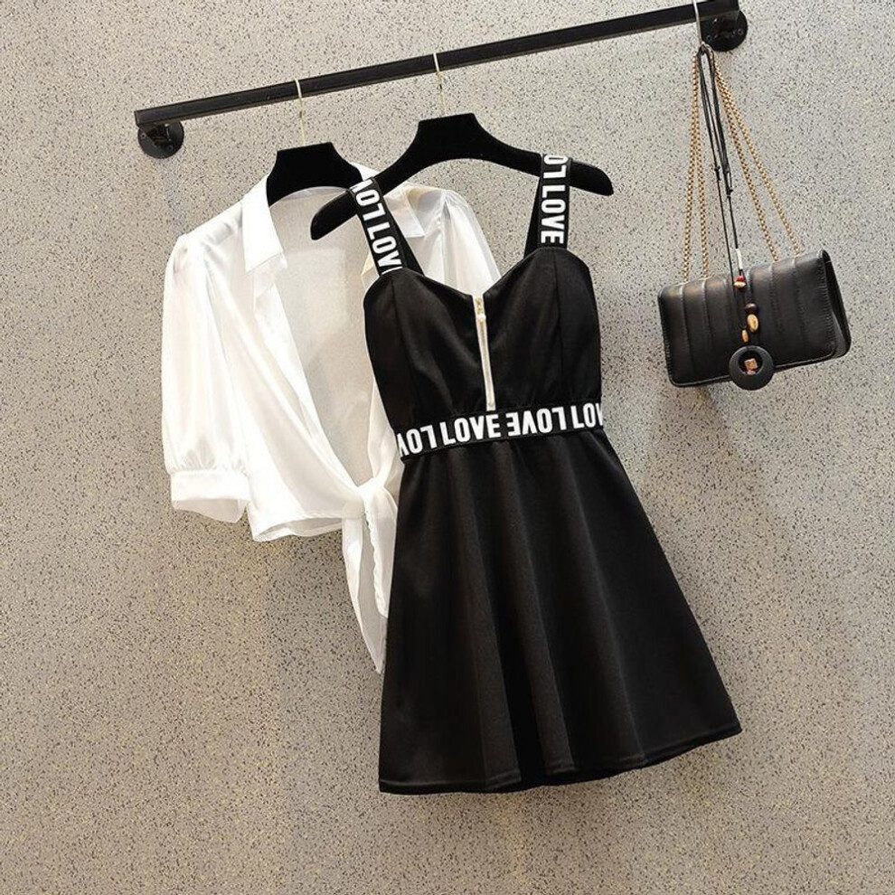 (black, XXXL) Oversize Womens Black Tank Dress Summer Suit Female Fashion Sun-proof Shirts Letter Print Zipper Fly Overall Dress Two-piece Set