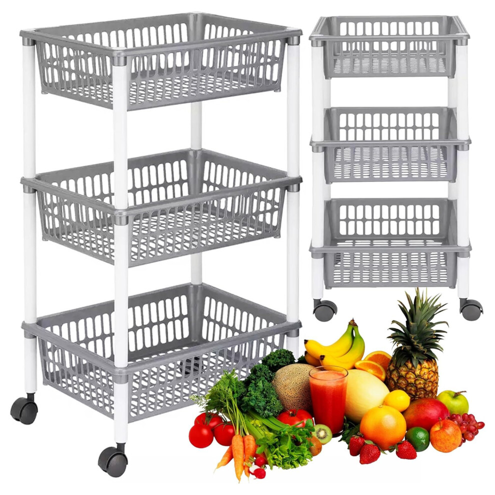 1 Set 3 Tier Grey Vegetable Kitchen Trolley Basket On Wheels