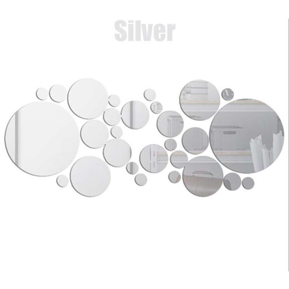 (silver) 26Pcs 3D Round Mirror Wall Sticker DIY TV Background Bathroom Bedroom Stickers Home Decor