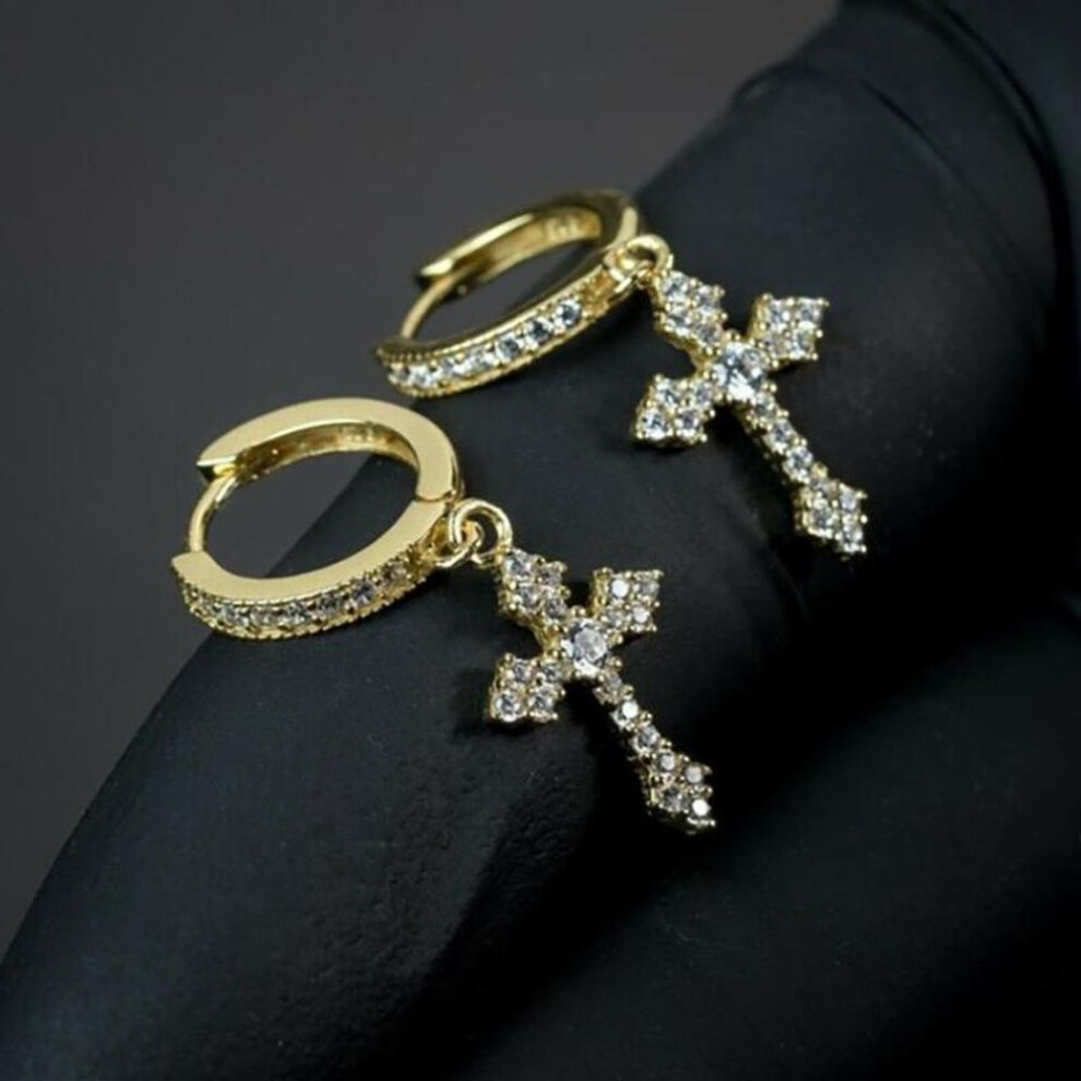 (gold) 1 Pair Fashion Small Cross Earrings Crystal Gold Cross Hoop Earrings For Women Men Gift Hip Hop Rock Jewelry