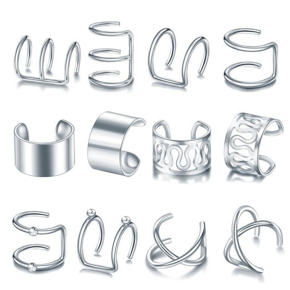 (silver) 12pcs/set C Shaped Ear Cuff No Piercing Ear Clip Fake Cartilage Earring Women Jewelry