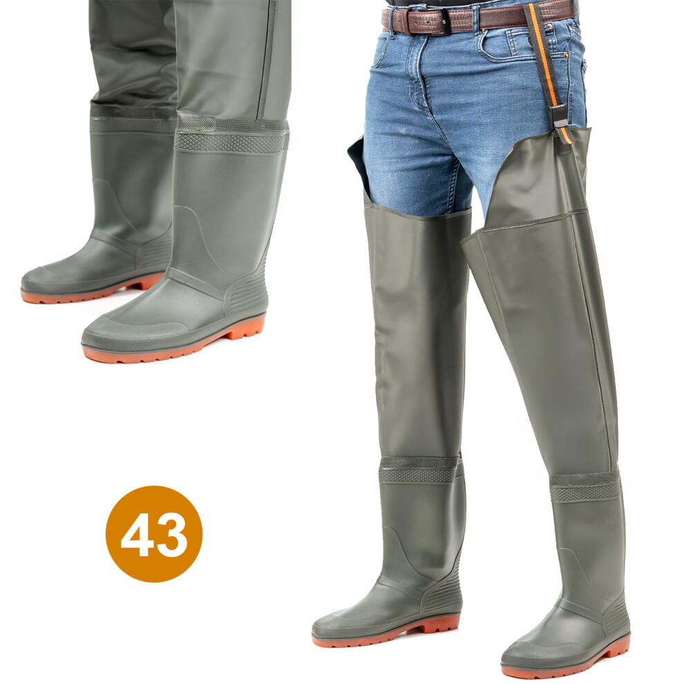(UK-9 EU-43) Nylon Thigh Hip Waders Waterproof Fly Coarse Fishing Muck Wader Thigh Boots