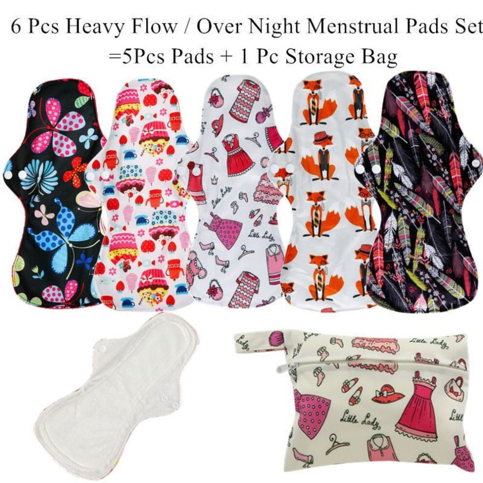 (multicolor, Random) 5+1heavy Flow Pads Reusable Menstrual Cloth Sanitary Napkin Pads 100% Organic Bamboo Soft
