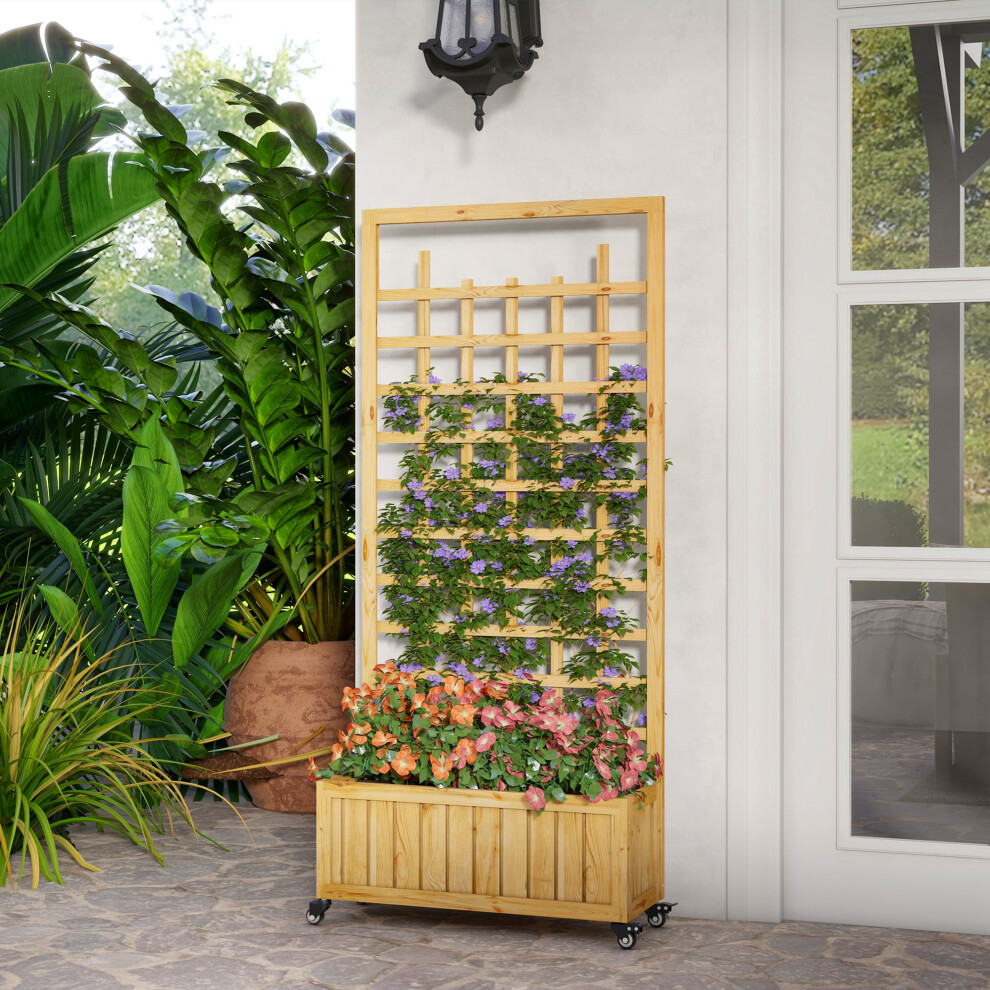 Outsunny Wooden Trellis Planter, Raised Garden Bed with Wheels, Natural