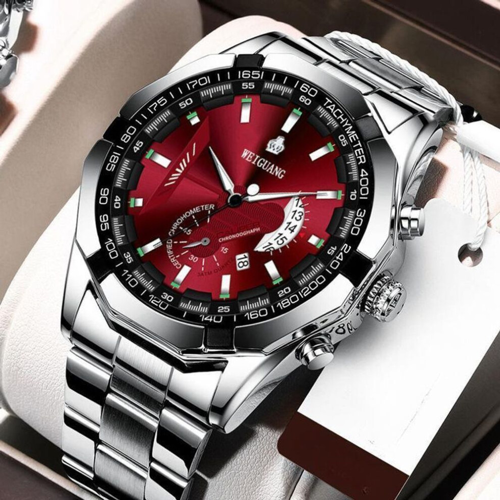 (red) Fashion Automatic Movement Watch Men&apos;s Calendar Waterproof Luminous Non-mechanical Watch Large Dial