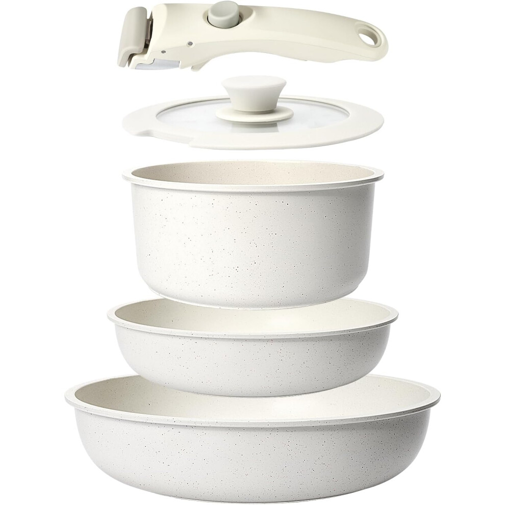 (5PCS, White) Pots and Pans Set Non Stick,5PCS Cookware Sets Nonstick Detachable Handle,Induction Kitchen Set Removable Handle，RV Cookware Set,Oven Safe