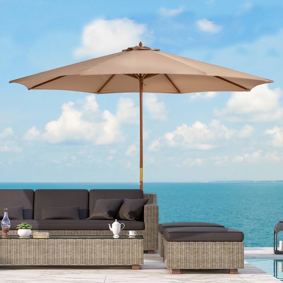 Outsunny 3(M) Wooden Garden Parasol Sun Shade Outdoor Umbrella Canopy Khaki