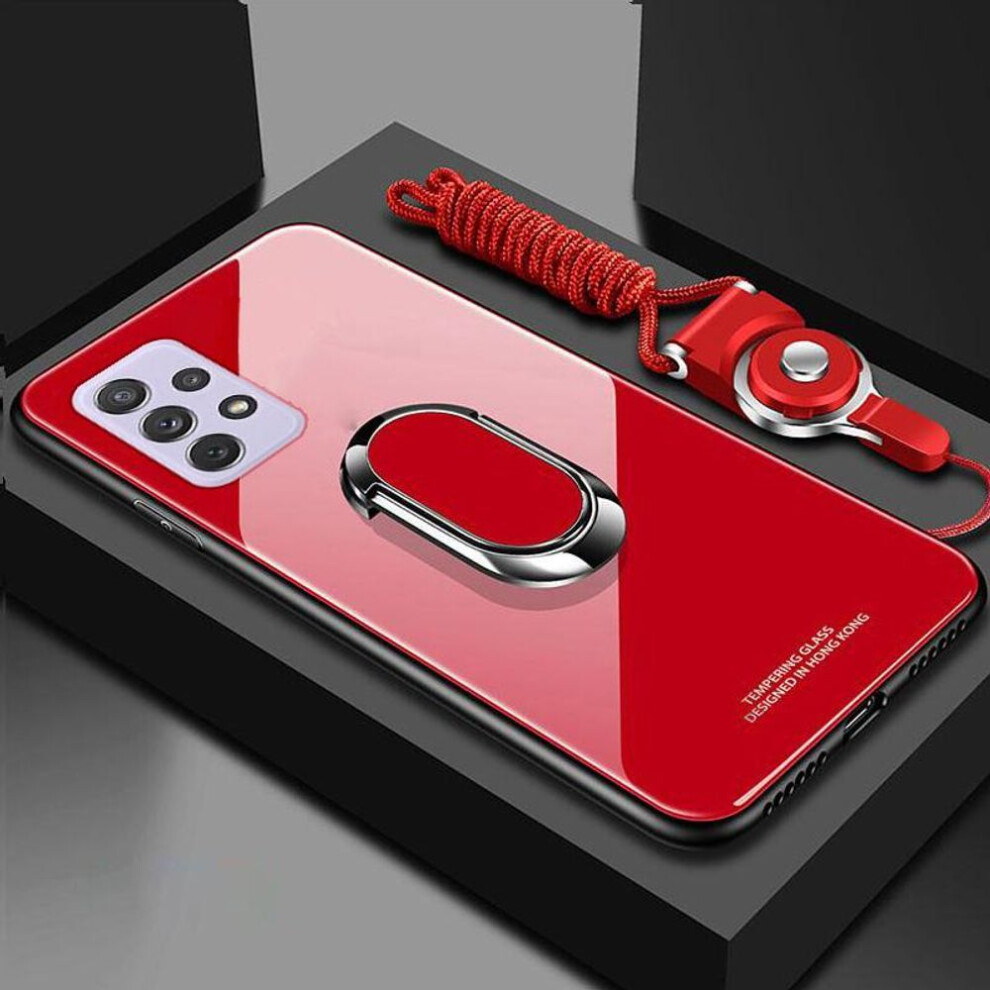 (red, For Samsung A33 5G) Tempered Glass Phone Case For Samsung Galaxy A73 A53 A33 A13 A03S A22 A52 A32 A42 A51 A71 A72 A12 5G Magnetic Ring Holder Stand Cover with Lanyard