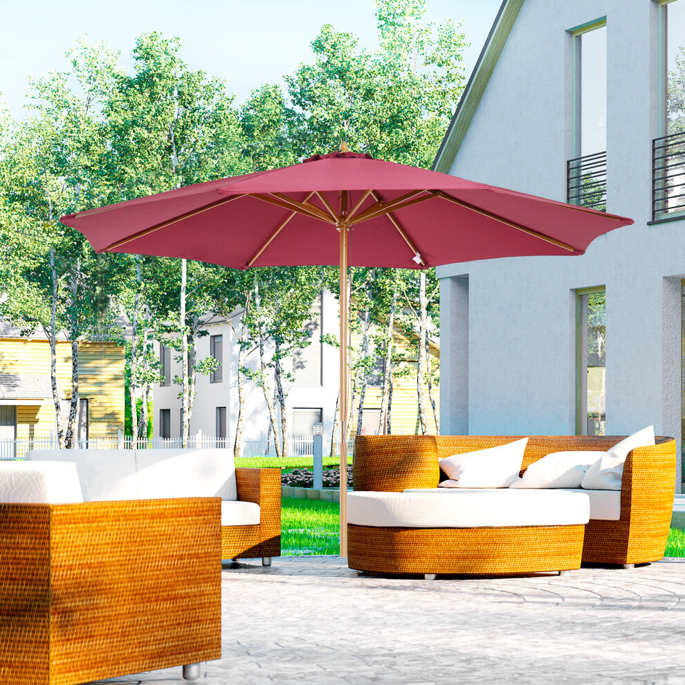 Outsunny 3(m) Wooden Garden Parasol Sun Shade Outdoor Umbrella Canopy Wine Red