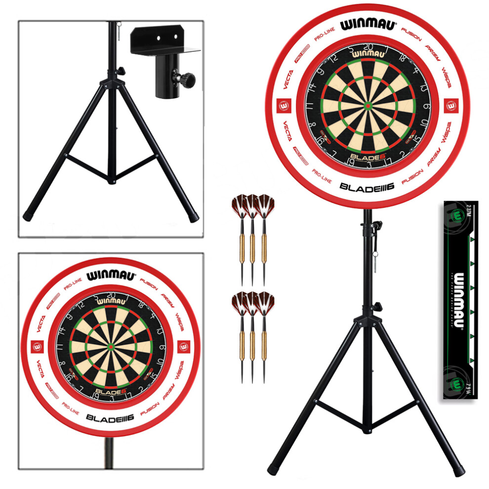 Darts Set With Stand + Winmau Blade 6 Dartboard + Red Surround + Darts