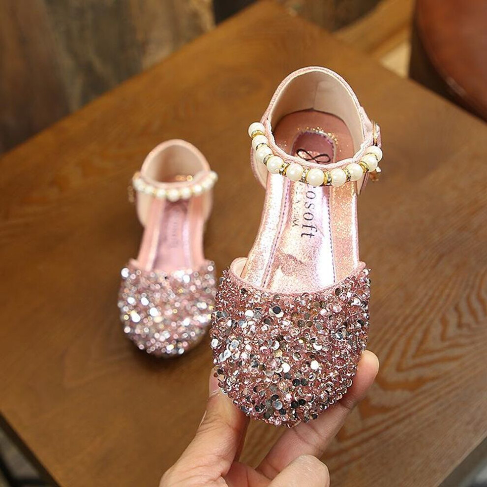 (pink, 36) Summer New Fashion Girls Shoes Rhinestone Shiny Princess Shoes Velcro Single Shoes Pearl Sequin Dance Shoes