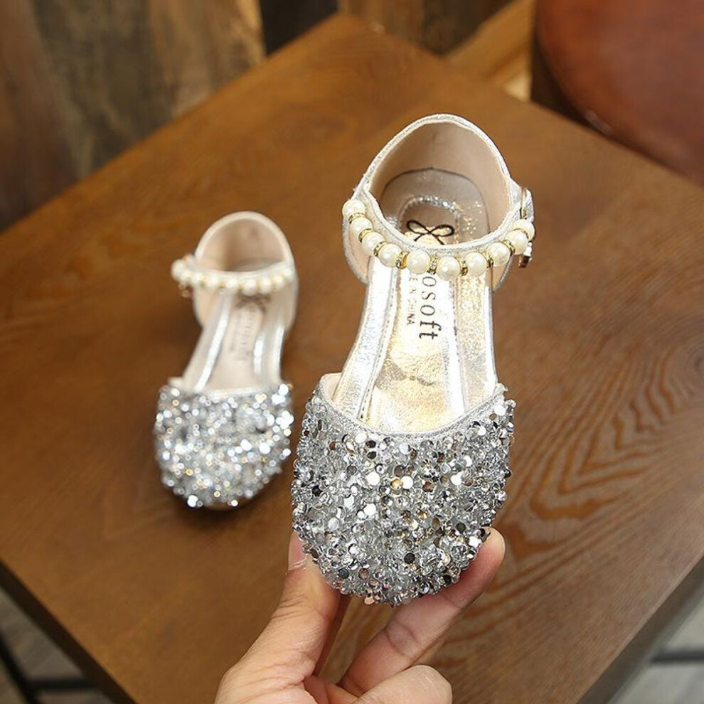 (silver, 24) Summer New Fashion Girls Shoes Rhinestone Shiny Princess Shoes Velcro Single Shoes Pearl Sequin Dance Shoes