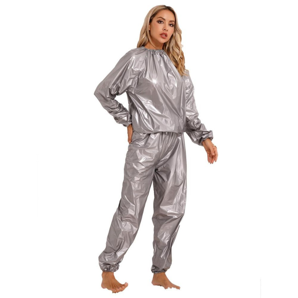 (grey, 3XL) 2pcs Pvc Sauna Suit Long Sleeve Elastic Cuff Top Pants Set Weight Loss Sweat Suit Slimming Fitness Gym Workout Suit For Men And Women