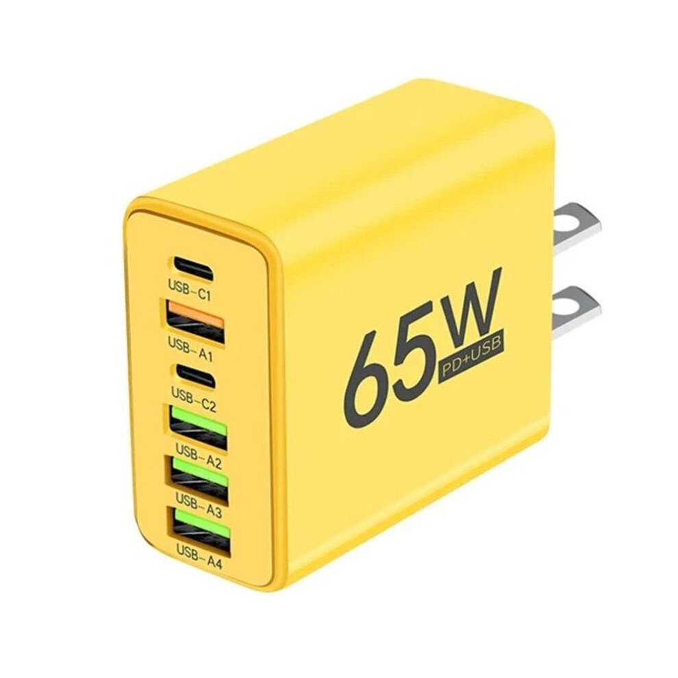 (yellow, US Plug) 65w Usb Charger 6 Port Pd Type C Fast Charging Adapter For Iphone 13 14 15 Samsung Xiaomi Huawei Mobile Phone Wall Quick Charger