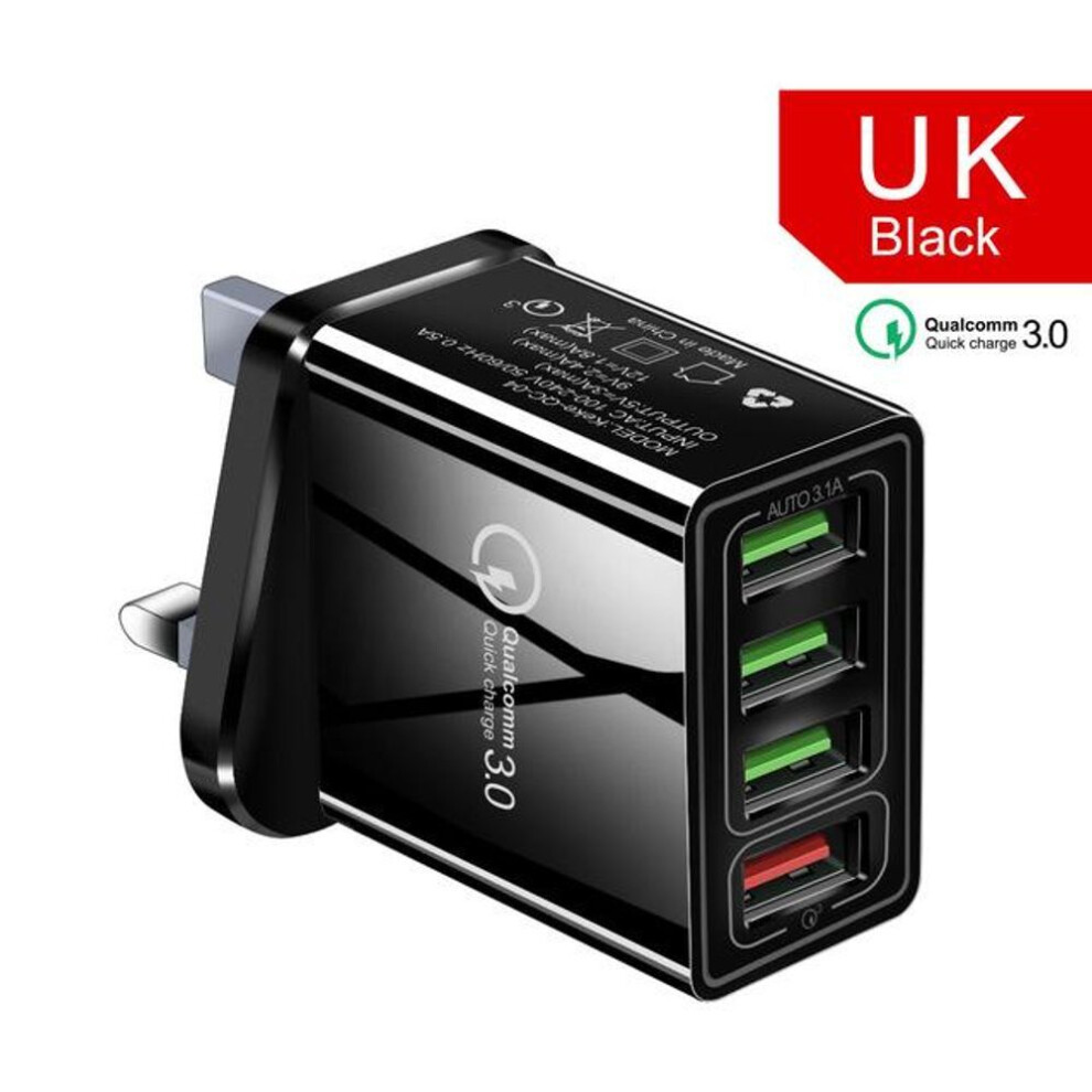 (black, UK Plug) 4-Port 48W Quick Charger 3.0 USB Charger for Samsung IPhone Huawei Tablet QC 3.0 Fast Charger Adapter