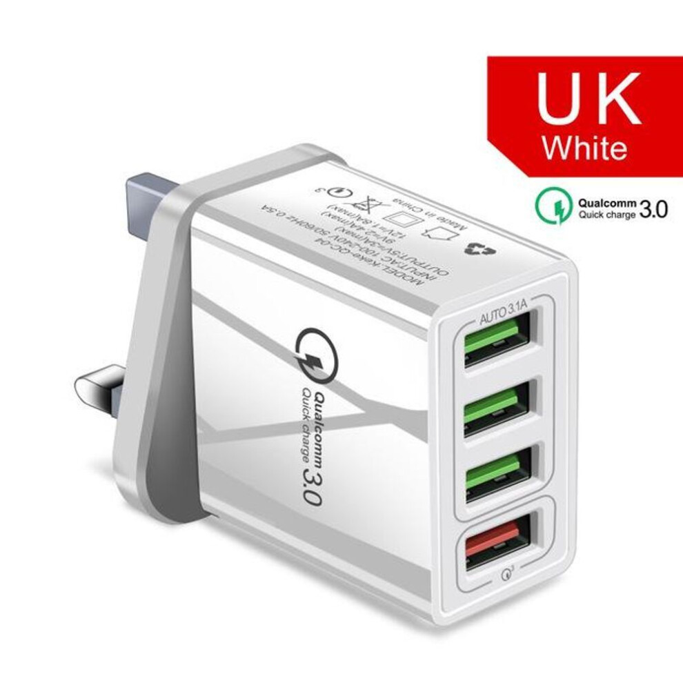 (white, UK Plug) 4-Port 48W Quick Charger 3.0 USB Charger for Samsung IPhone Huawei Tablet QC 3.0 Fast Charger Adapter