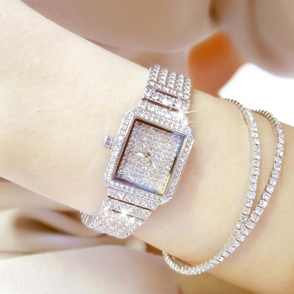 (silver, watch&Bracelet) Full Diamond Quartz Women Silver Watches Luxury Brand Crystal Square Female Wristwatch Rhinestone Ladies Clock