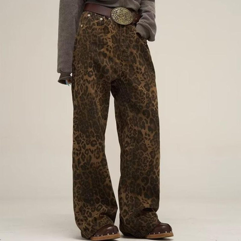 (brown, M) Vintage Leopard Print Wide Leg Jeans Women Hip-hop Loose Jeans Pants Lady Streetwear Denim Pants Female Oversize Casual Trousers 24225