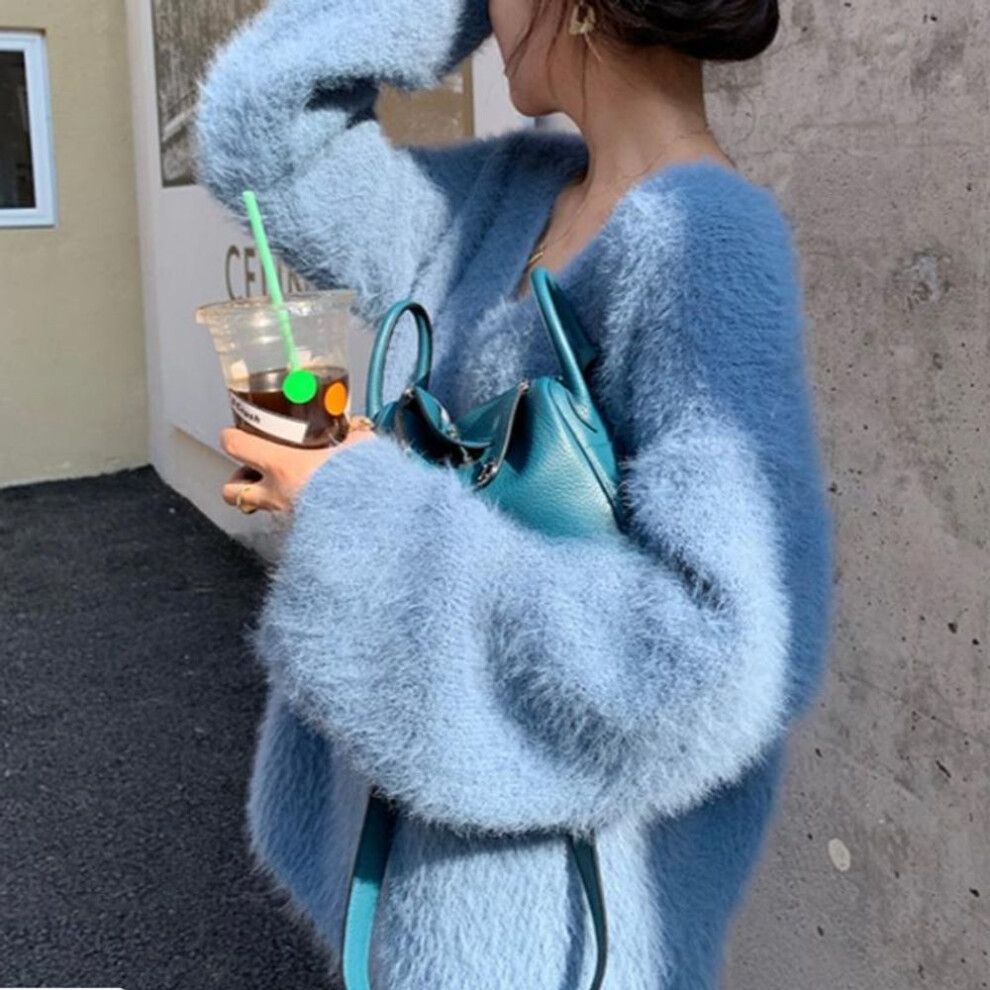 (blue, One Size) New Fashion Mink Fur Warm V-neck Pullover Sweater for Women Autumn and Winter Loose Outerwear Knitwear Sweaters Women Elegant Solid Soft Jumpers 24830