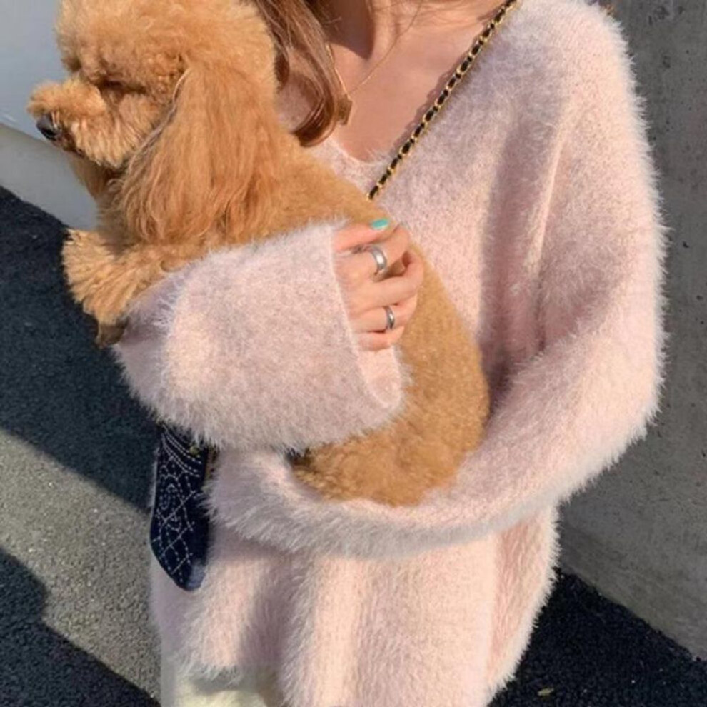 (pink, One Size) New Fashion Mink Fur Warm V-neck Pullover Sweater for Women Autumn and Winter Loose Outerwear Knitwear Sweaters Women Elegant Solid Soft Jumpers 24830