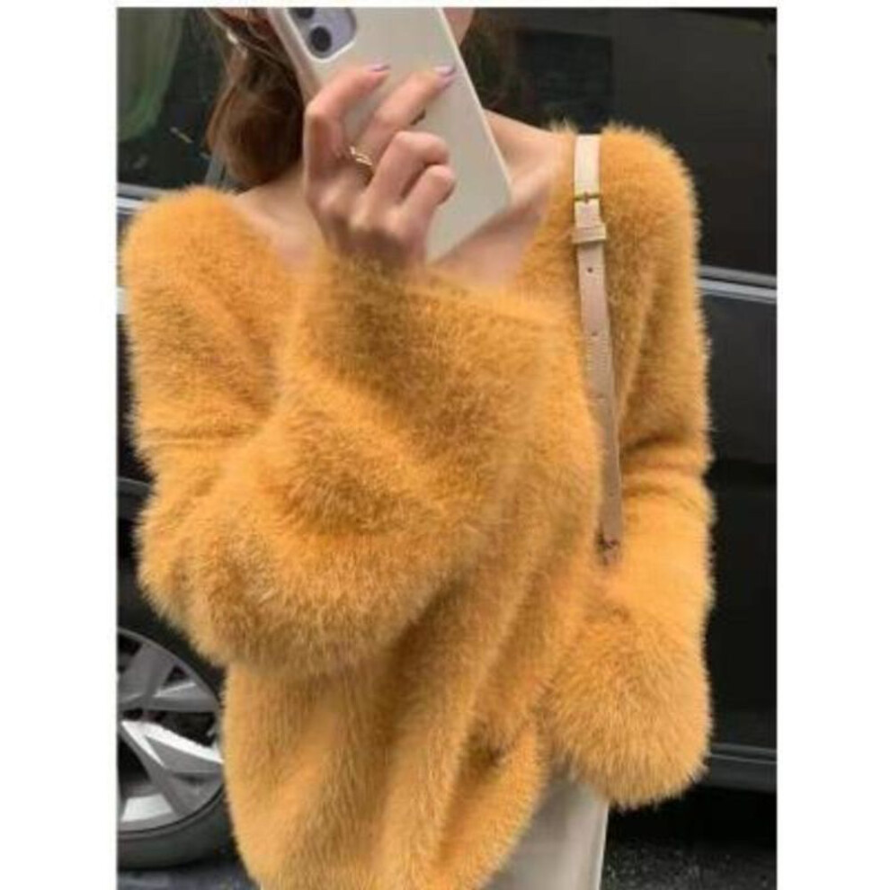 (yellow, One Size) New Fashion Mink Fur Warm V-neck Pullover Sweater for Women Autumn and Winter Loose Outerwear Knitwear Sweaters Women Elegant Solid Soft Jumpers 24830