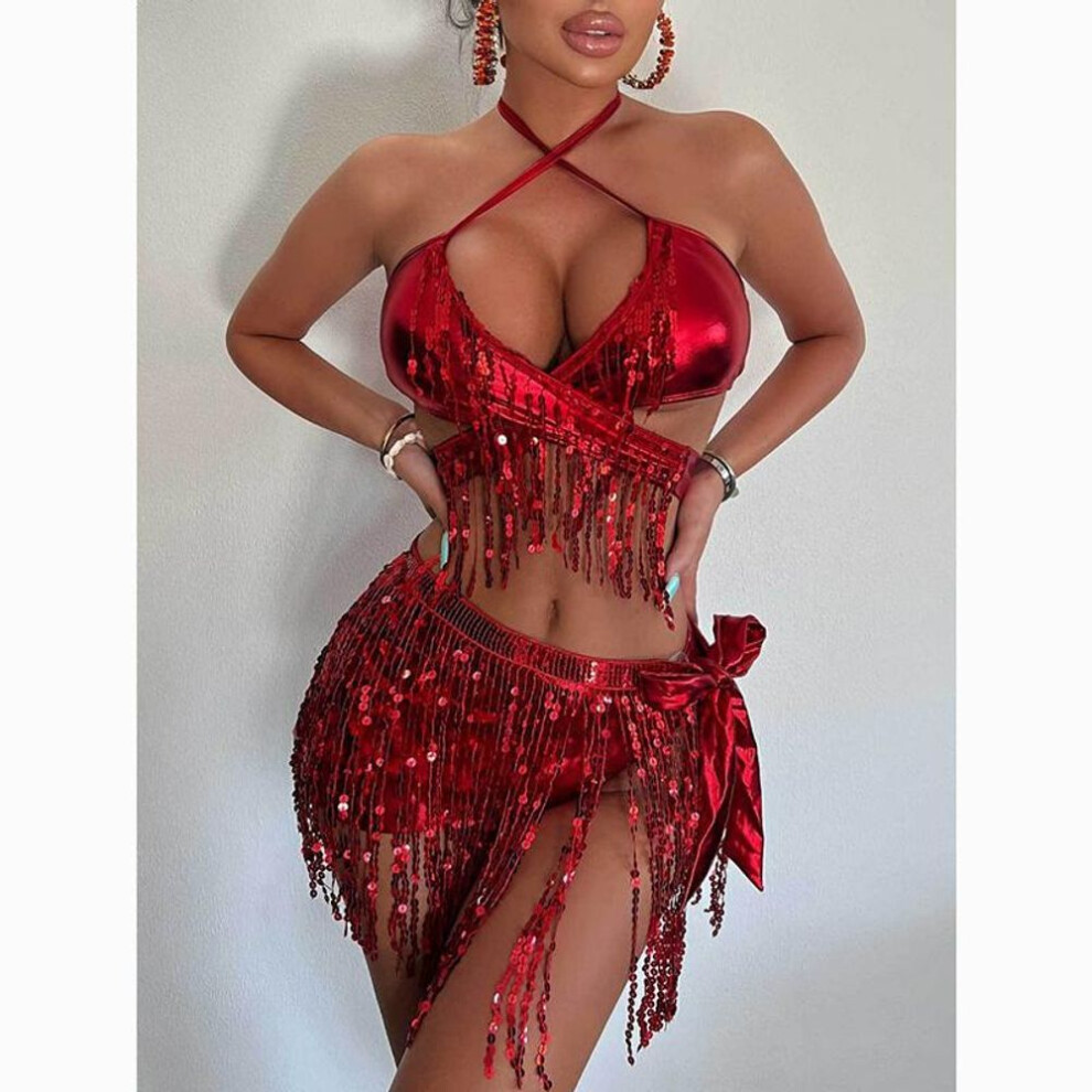 (red, L) New Summer Solid Three Piece Set Swimsuit Women Bikini Shiny Sequins Sexy Tassel 3 Piece Suit Fashion Slim Fit Halter Swimsuits Bikini Set 24331