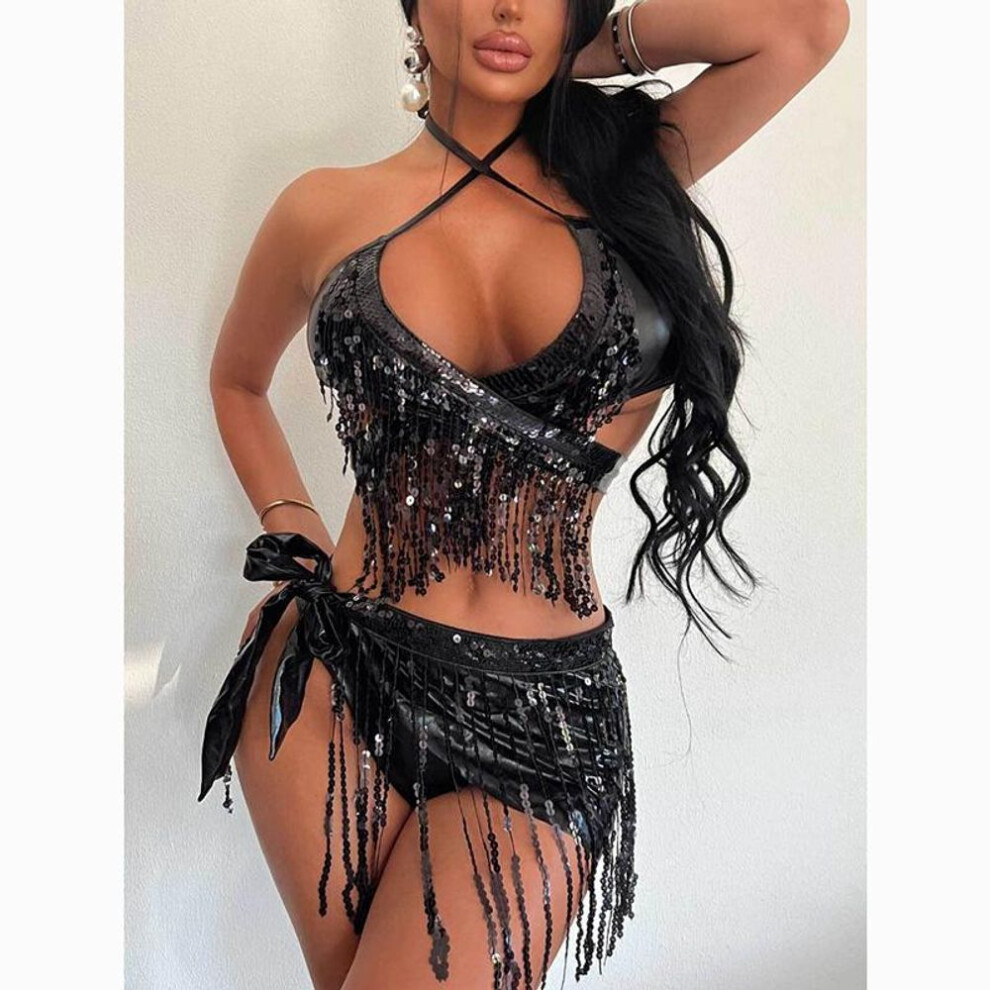 (black, M) New Summer Solid Three Piece Set Swimsuit Women Bikini Shiny Sequins Sexy Tassel 3 Piece Suit Fashion Slim Fit Halter Swimsuits Bikini Set 24331