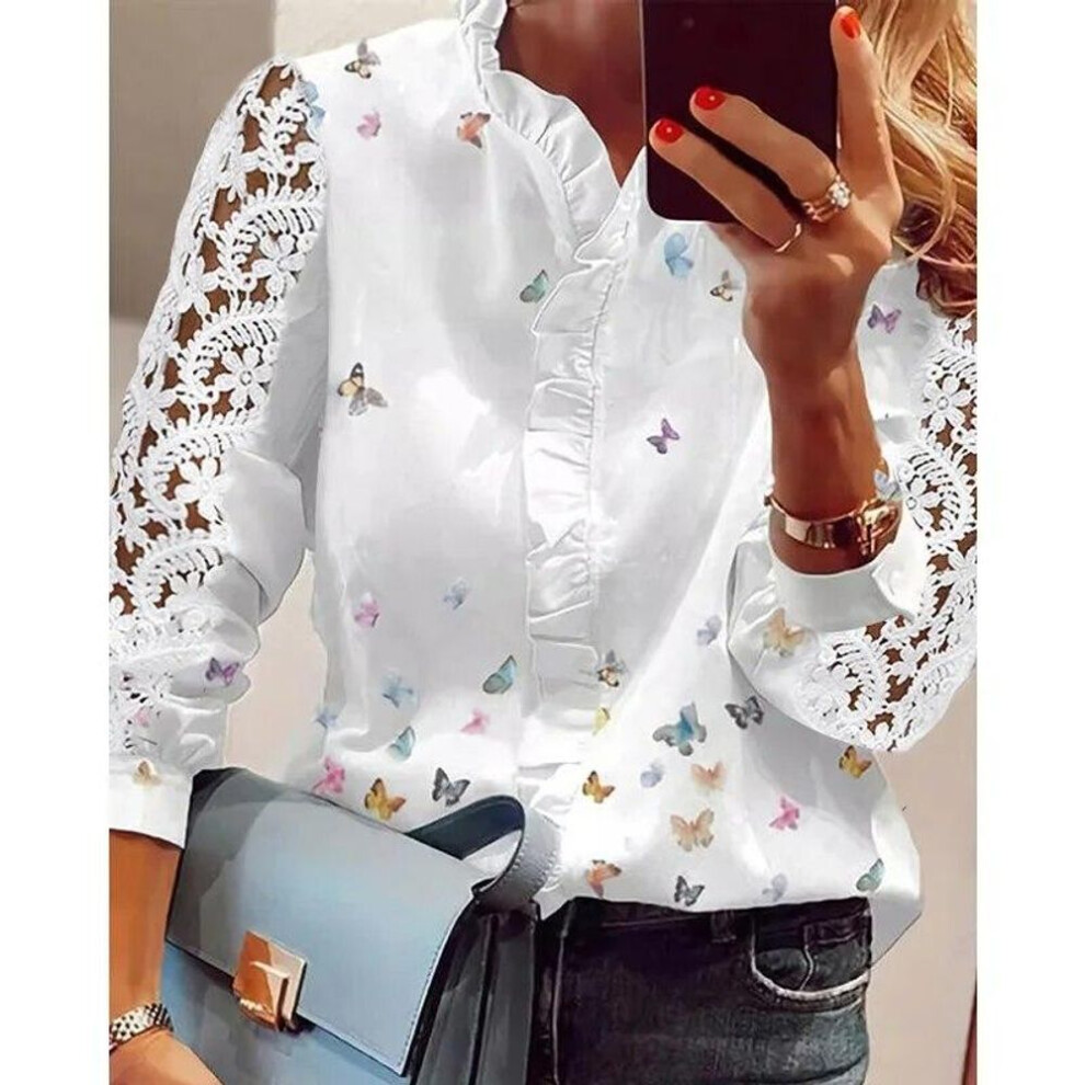 (white, M) 2024 Spring Elegant Long Sleeve Spliced Lace Blouse Women Sweet Print Ruffled Collar Tops White Shirt Loose Clothes 30642