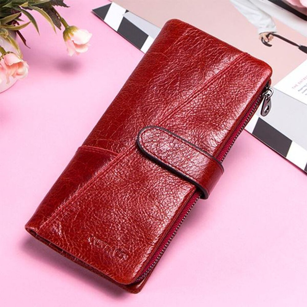(red) CONTACT'S Genuine Leather Men Long Wallet Phone Bag Zipper Coin Pocket Purse Male Clutch Wallet