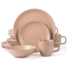 Arora RINGAR Round Stoneware 16pc Dinnerware Set of 4 Dinner Plates Side Plates Cereal Bowls Mugs - Speckle Matte Coral (416867)